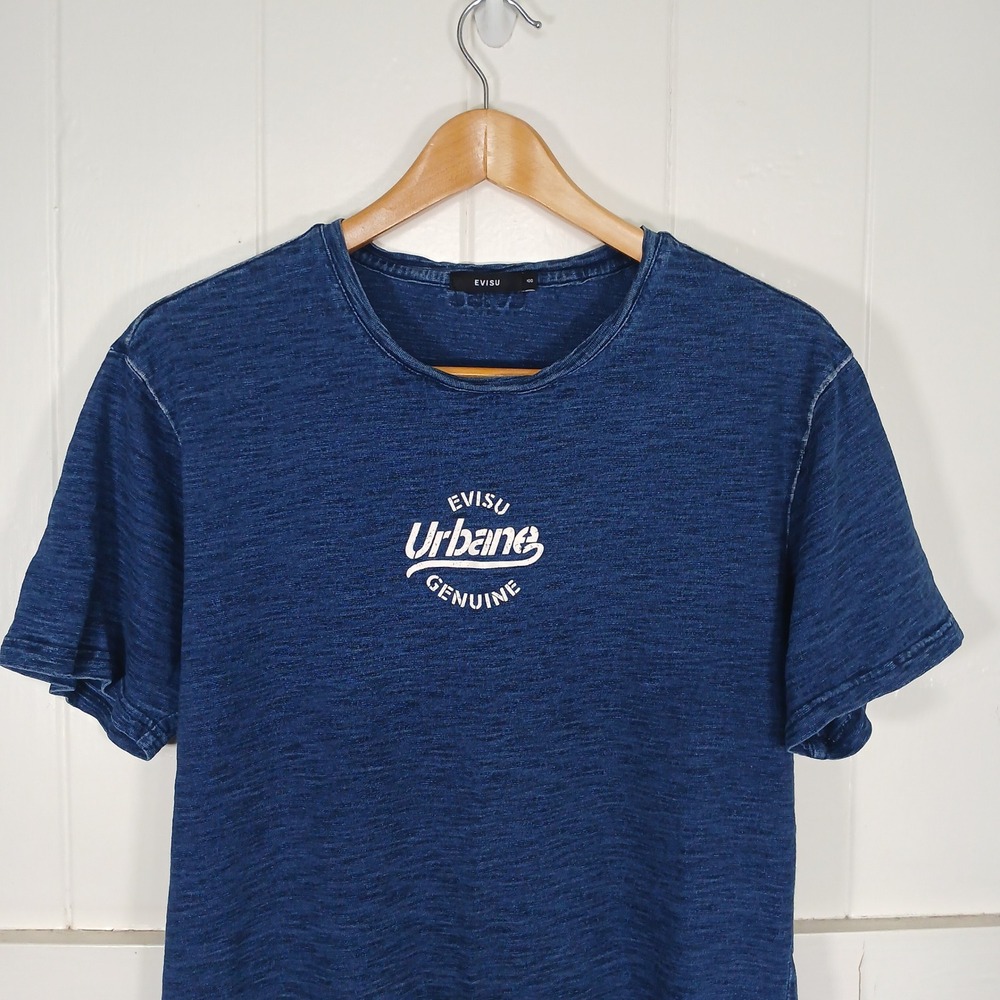Evisu T-Shirt Mens 100 Indigo Blue‎ Urbane Genuine Slub Knit Graphic Tee Japan